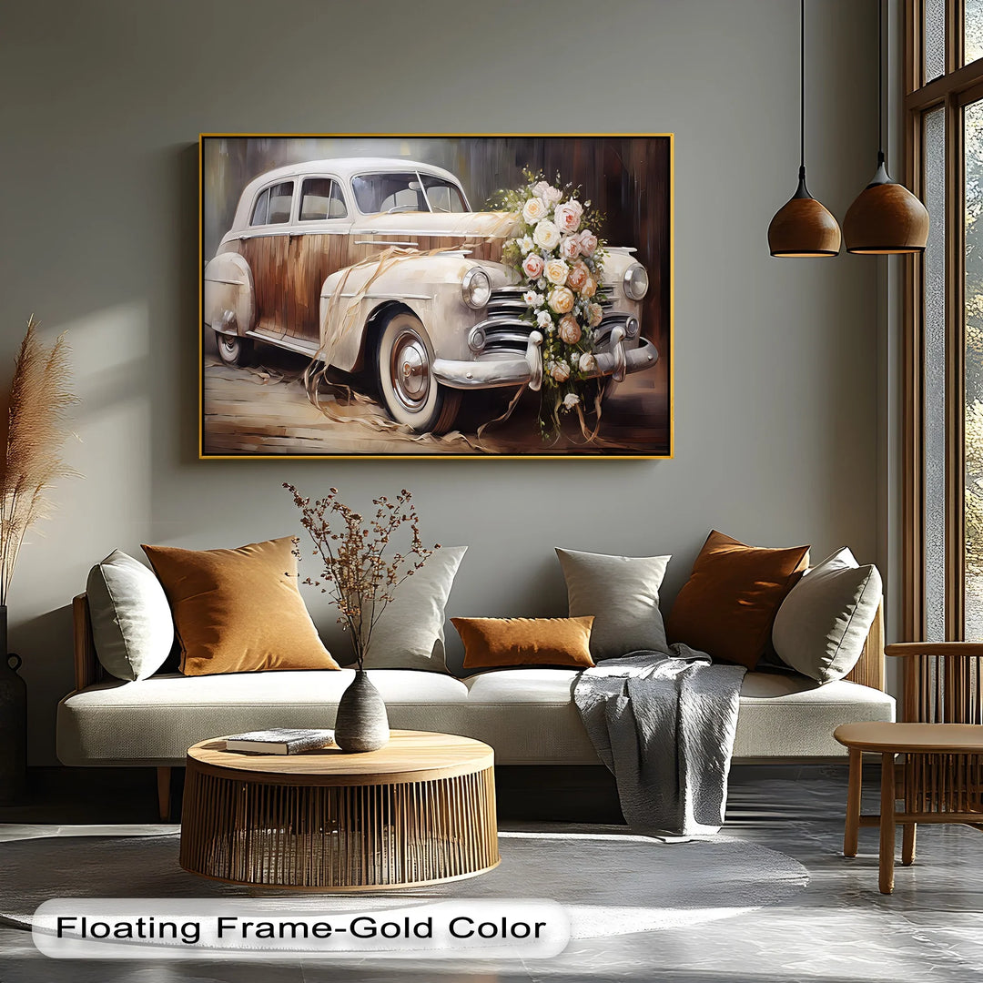 Vintage Wedding Car with Floral Elegance – Car Canvas Print
