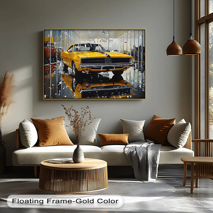 Classic Yellow Dodge Charger in Showroom – Car Canvas Print