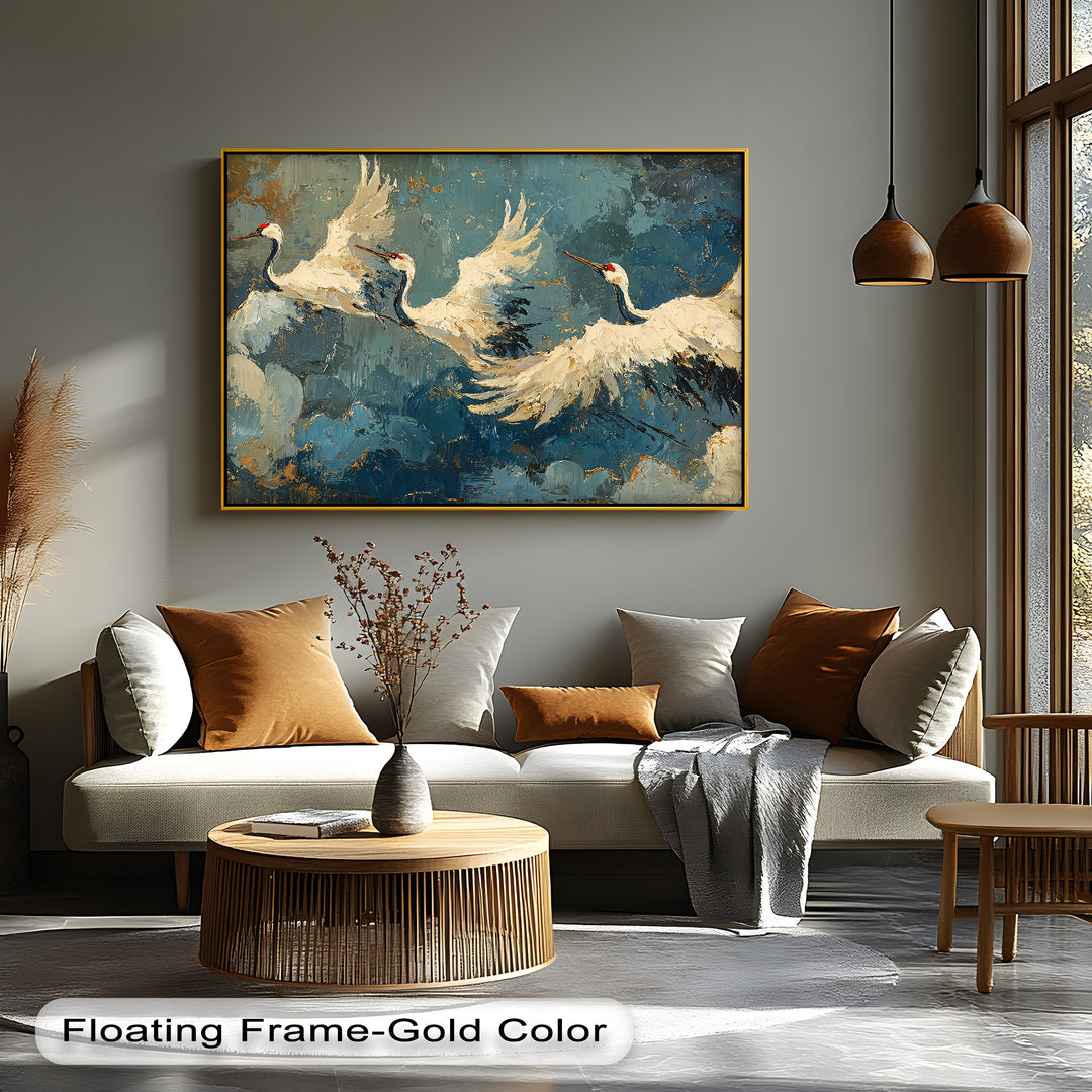 Evoking an ethereal feel, the elegant abstract bird canvas painting captures the delicate movement of white cranes in flight through artistic abstraction.