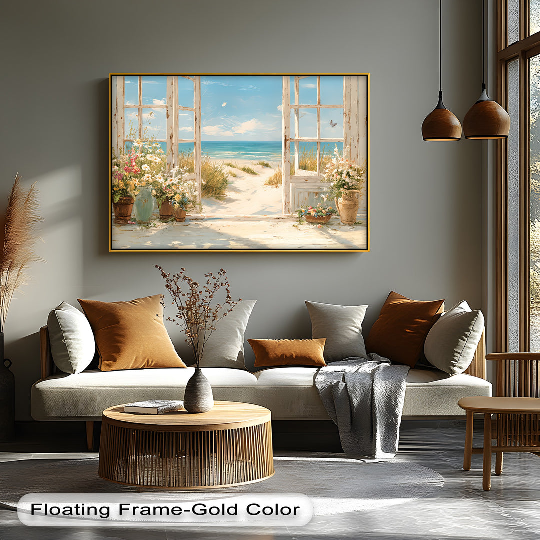 Seaside Serenity – Open Window to Coastal Bloom Canvas Print