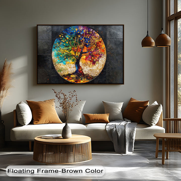 The background displays a minimalist light gray wall, subtly illuminated by natural light, enhancing the premium canvas decor with quiet elegance.