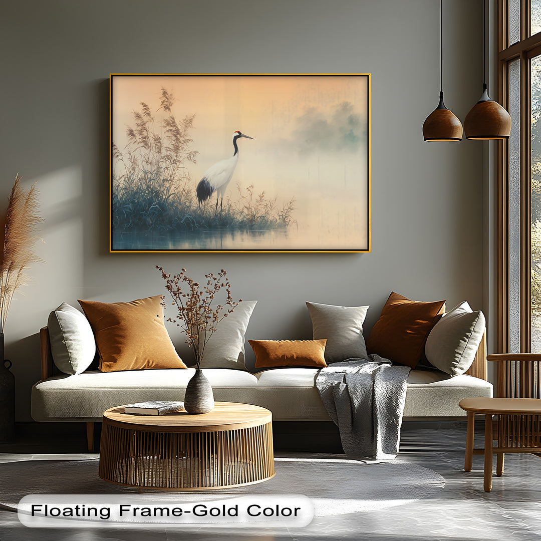 Muted color saturation highlights the elegant red crown crane within this minimalist nature bird scene, a beautiful canvas wall art print.