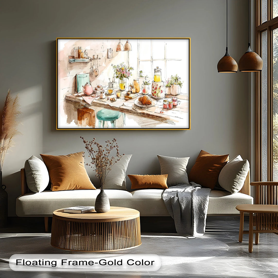 Cozy French Breakfast Table – Watercolor Kitchen Scene Canvas Print - MyPhotoStation