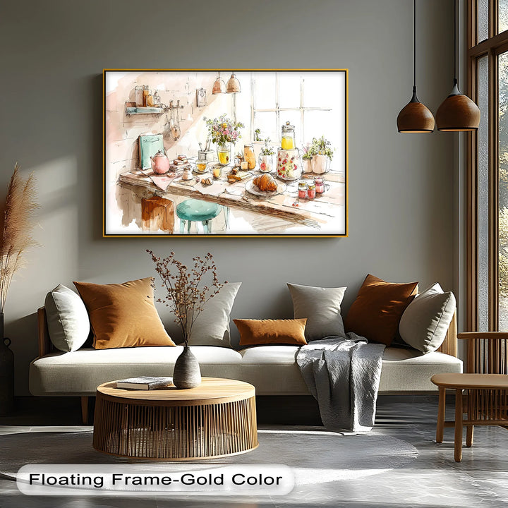 Cozy French Breakfast Table – Watercolor Kitchen Scene Canvas Print - MyPhotoStation