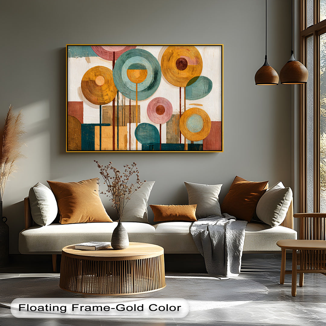 Detailed woven coffee table and neutral-toned rug anchor the foreground beneath the mid-century abstract trees canvas art prints, showcasing a modern geometric wall art piece.