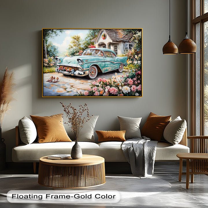Turquoise Classic Car in Flower Garden – Car Canvas Print