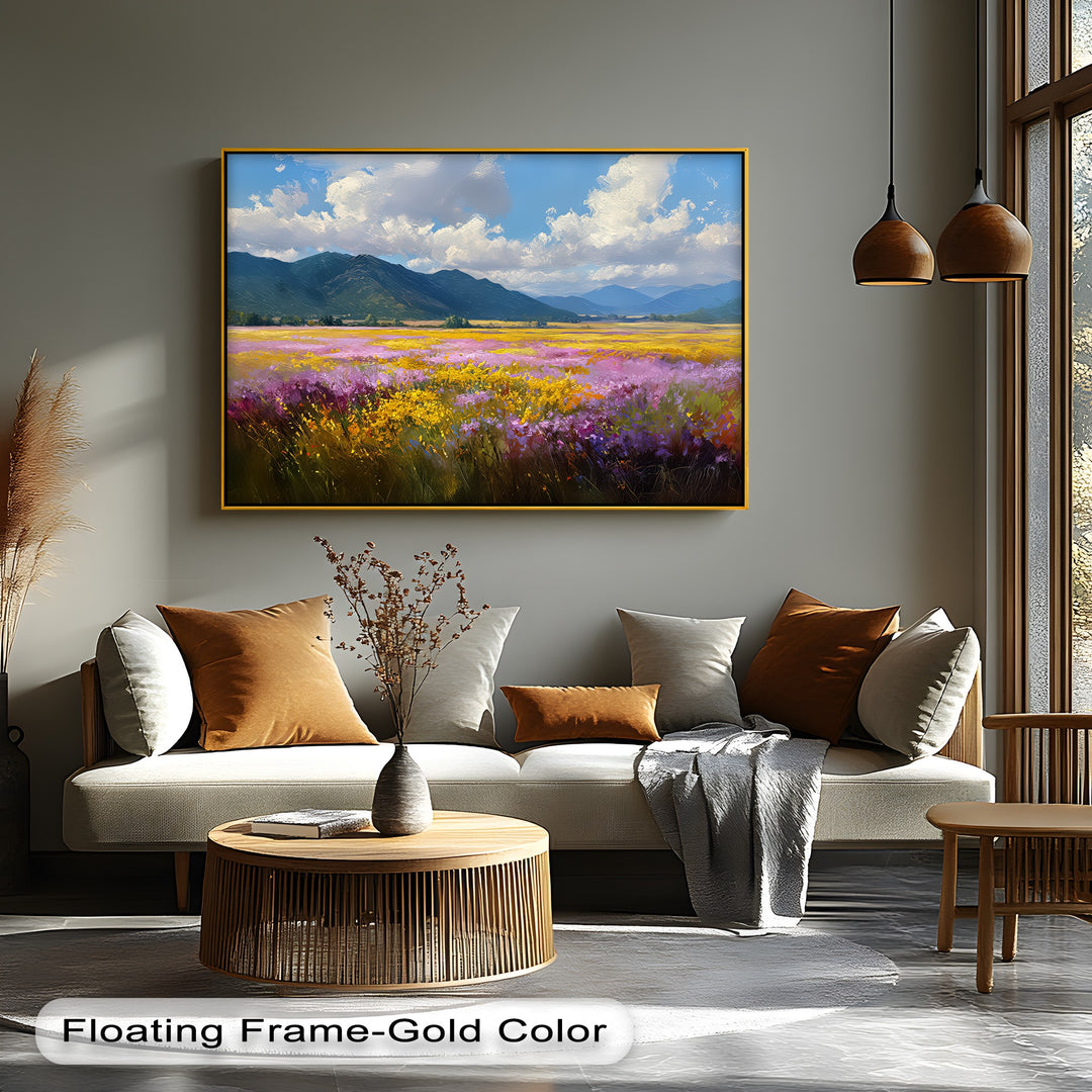 Valley Bloom – Wildflower Field and Mountain Landscape Canvas Print