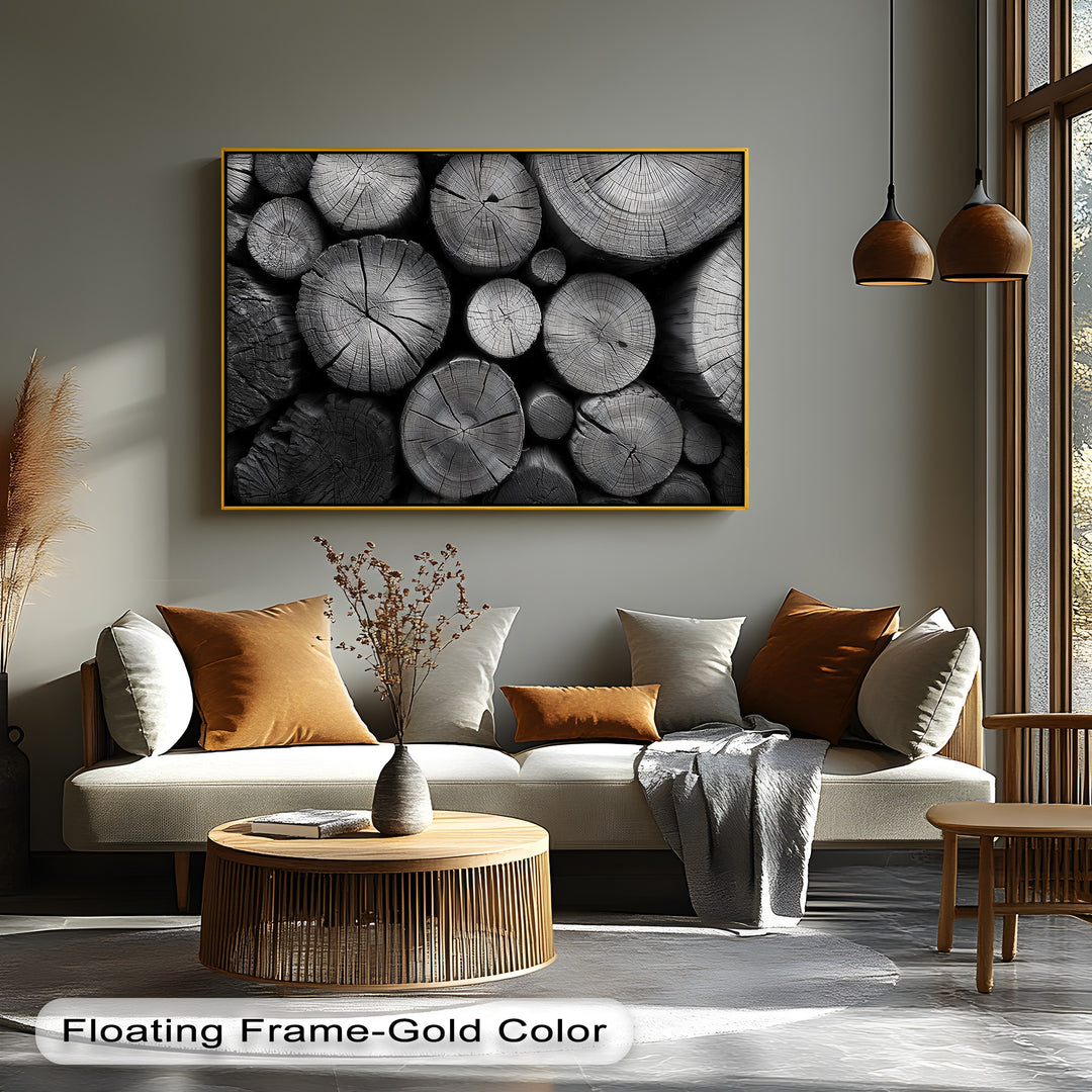 The focal point highlights the stacked black and white wood log texture in this big canvas prints wall art, offering a rustic nature-inspired aesthetic.