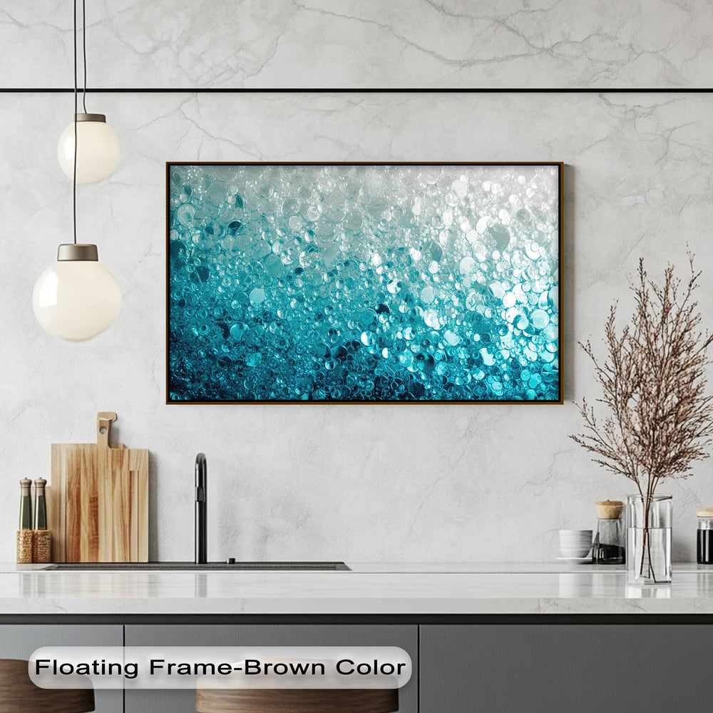 Organic forms of glowing turquoise bubbles create a captivating abstract water texture on this canvas artwork.