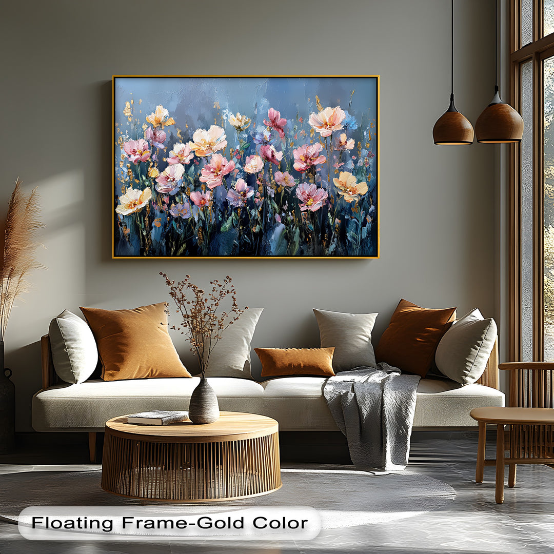 Twilight Bloom – Elegant Garden Flowers on Blue Canvas Print
