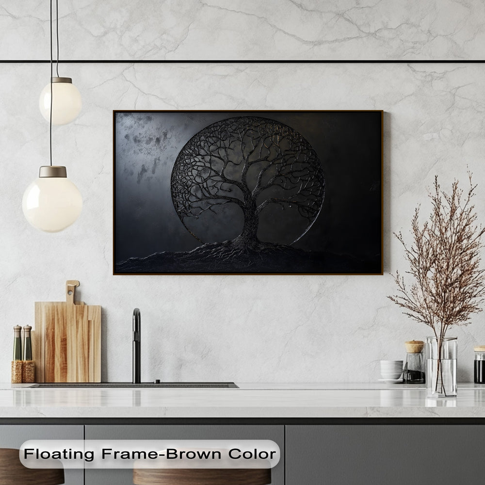 Predominantly deep black tones define this striking dark tree of life canvas painting, showcasing intricate branches and roots.