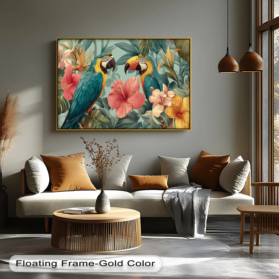 Tropical Duet – Vibrant Parrots with Hibiscus Canvas Print - MyPhotoStation