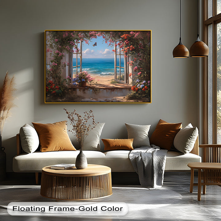 Blossoms by the Sea – Open Window Beach View Canvas Print