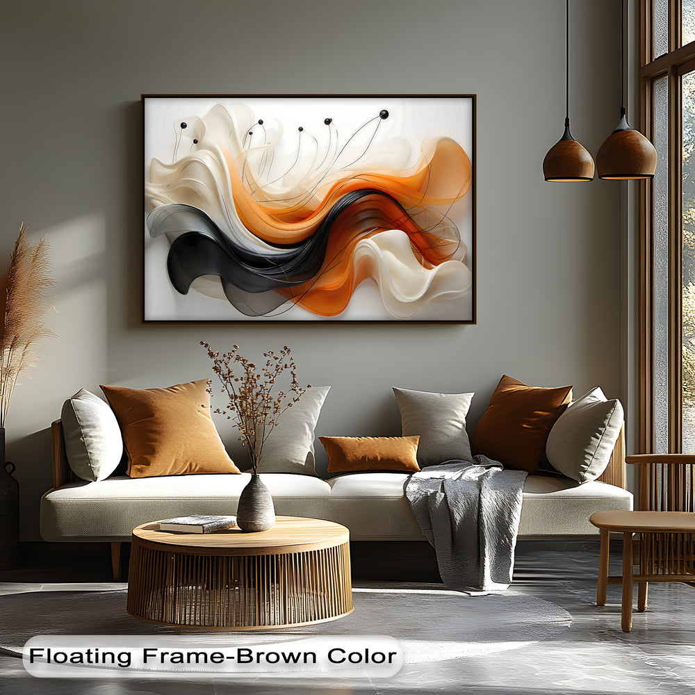 Dynamic color contrast highlights the vibrant orange, deep black, and creamy white flowing forms in this modern abstract canvas artwork.