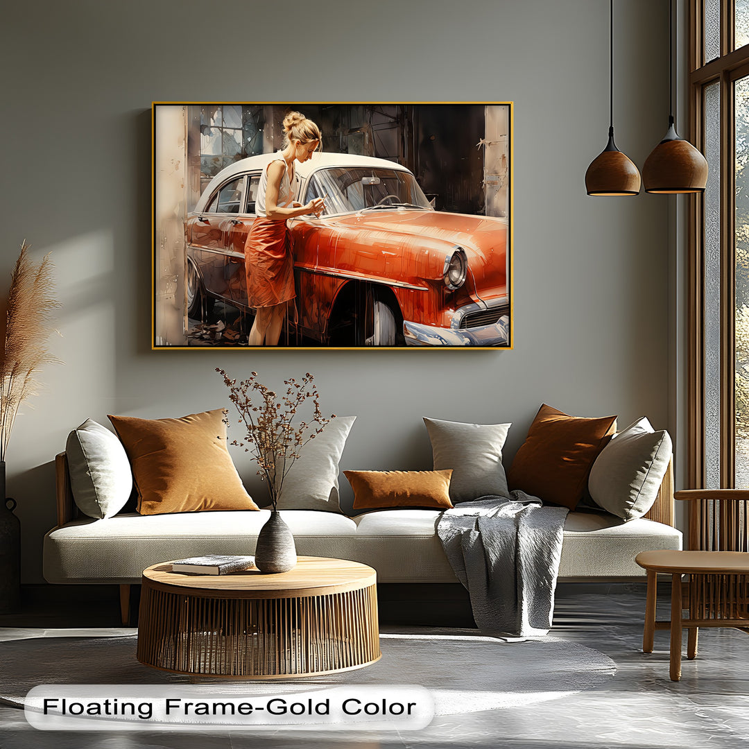 Timeless Connection – Retro Woman with Classic Car Canvas Print