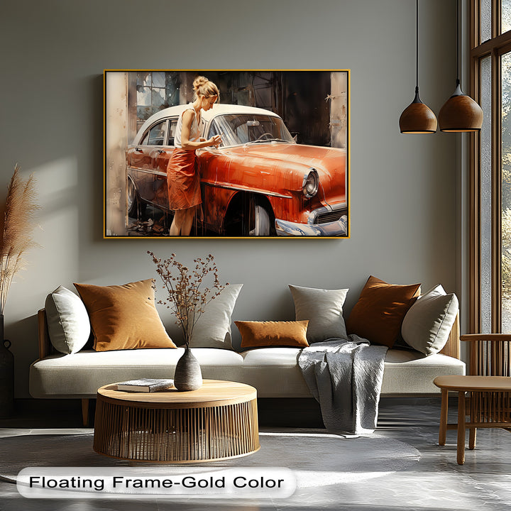 Timeless Connection – Retro Woman with Classic Car Canvas Print