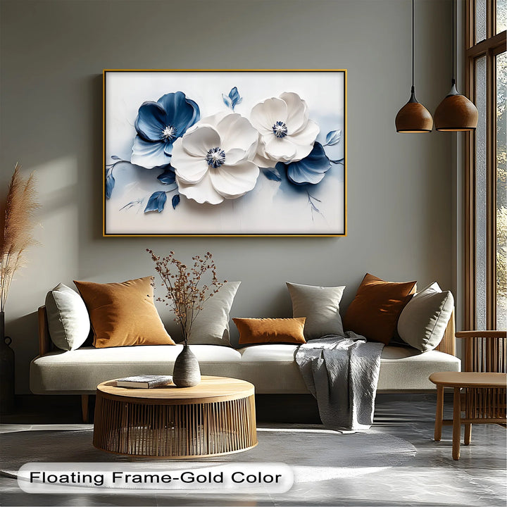 Winter Bloom – textured floral canvas with soft blue and ivory petals.

