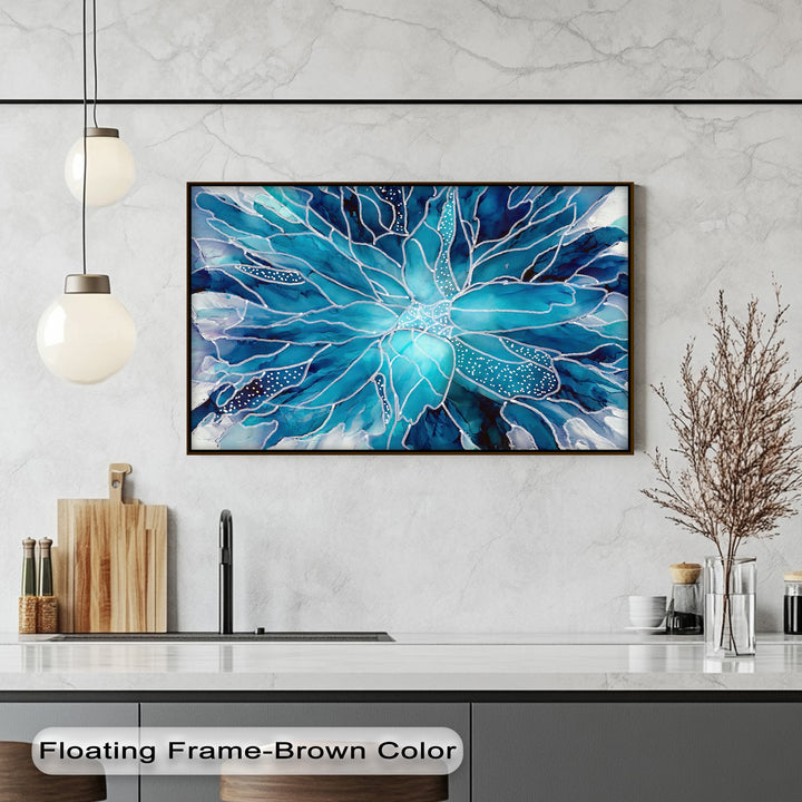 The prominent layering effect of this abstract blue watercolor flower best canvas prints showcases intricate petals in turquoise, teal, and navy hues.