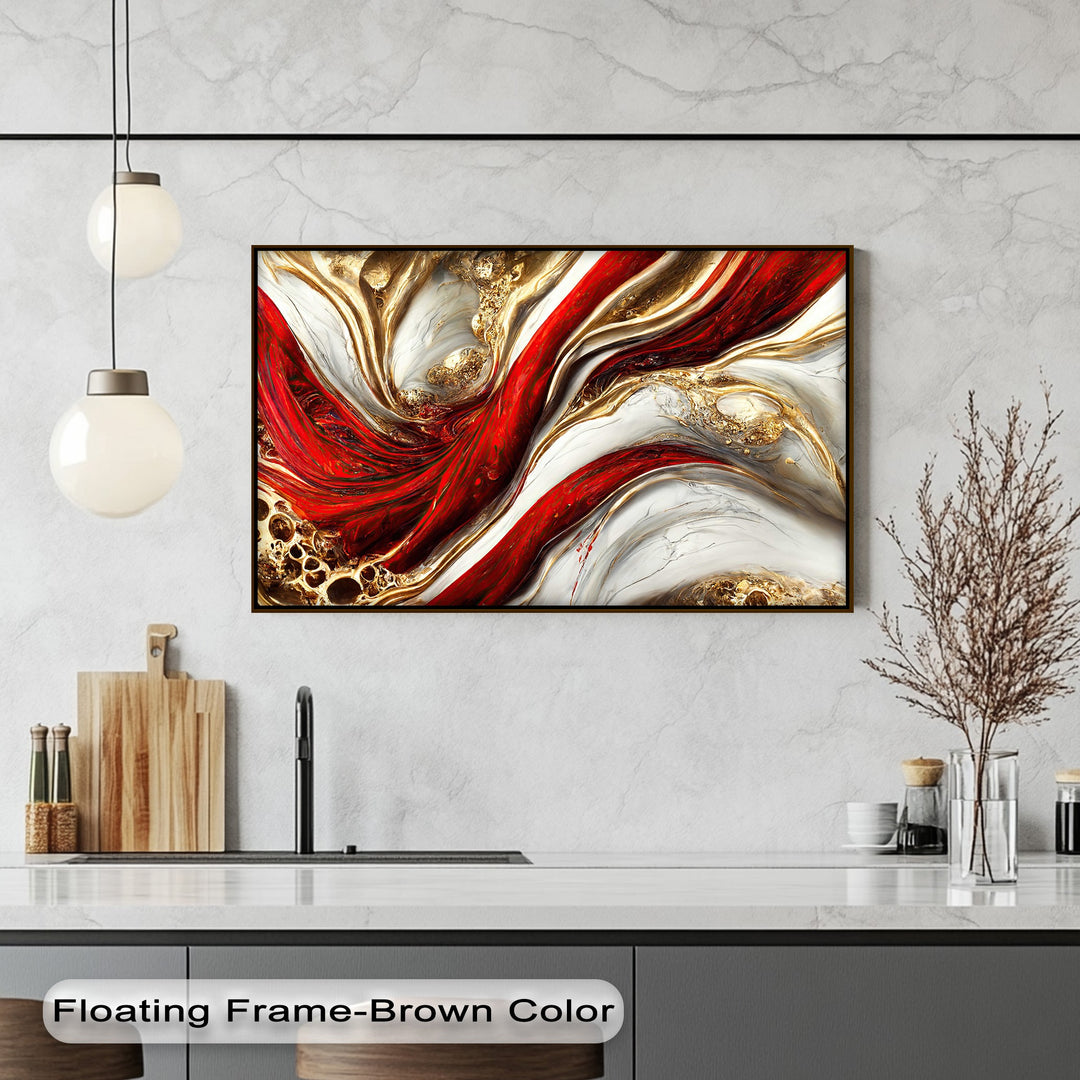 The dark brown floating frame creates a sleek edge for this luxury abstract red gold marble unique canvas print, highlighting its vibrant textures.