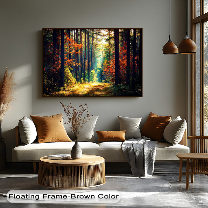 Geometric elements like the rectangular autumn forest framed canvas with vertical trees and the cylindrical coffee table define the room.