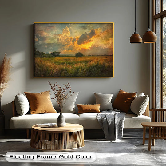 Foreground grasses blur, emphasizing the depth and layers in this golden horizon rustic sunset field landscape canvas wall art print.