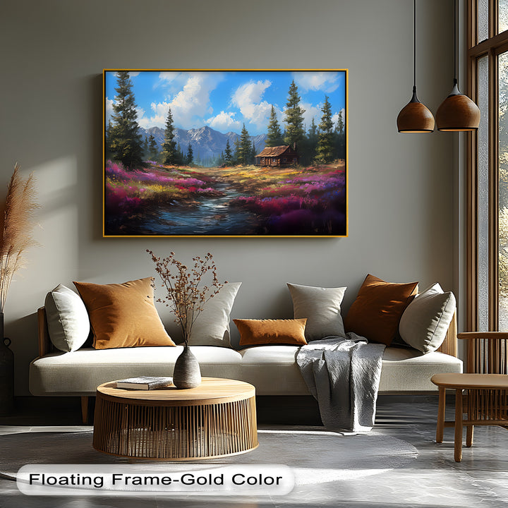Tranquil Wilderness Cabin – Colorful Mountain Meadow Canvas Print