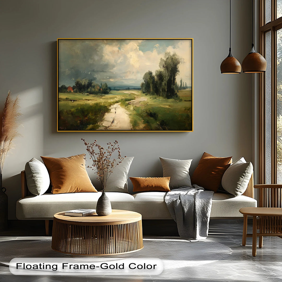Serene field and sky canvas art with trees cottages and country charm

