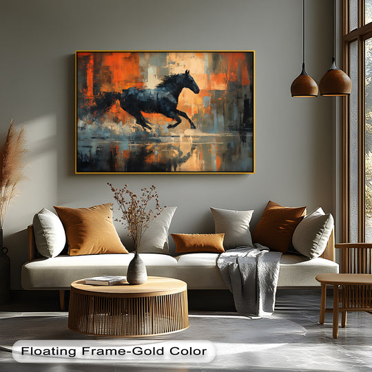 Canvas print abstract running horse art in black orange and gray and horse wall art for modern interiors