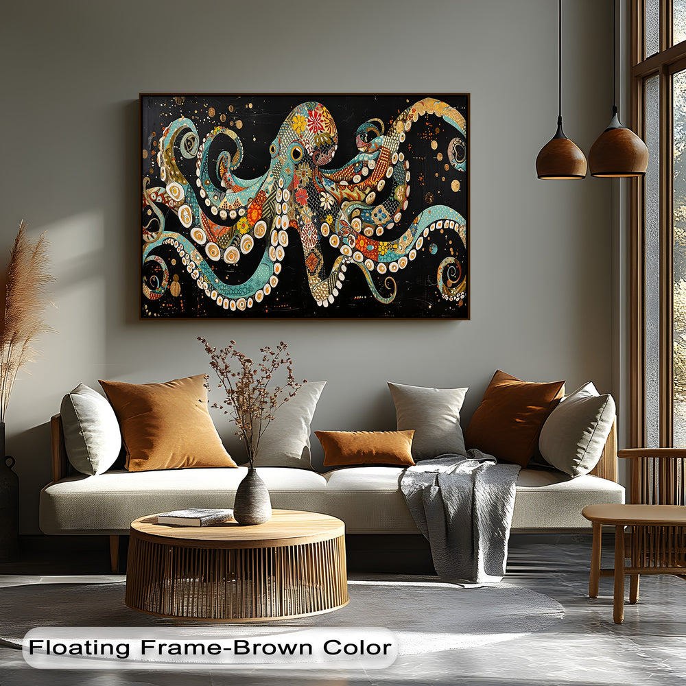 The elegant dark brown floating frame accentuates the vibrant Mosaic Octopus canvas art, creating a distinct border.