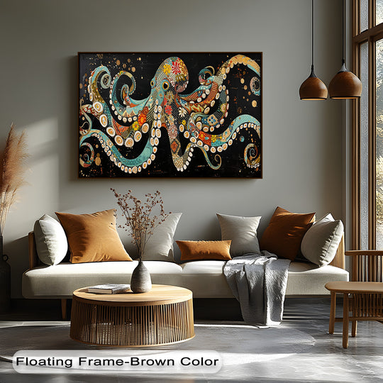 The elegant dark brown floating frame accentuates the vibrant Mosaic Octopus canvas art, creating a distinct border.