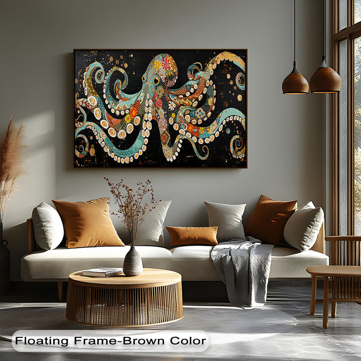 The elegant dark brown floating frame accentuates the vibrant Mosaic Octopus canvas art, creating a distinct border.