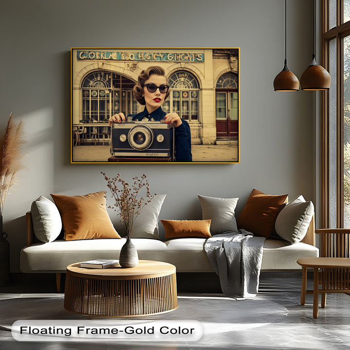 Retro Portrait with Giant Camera – Vintage Glamour Canvas Print