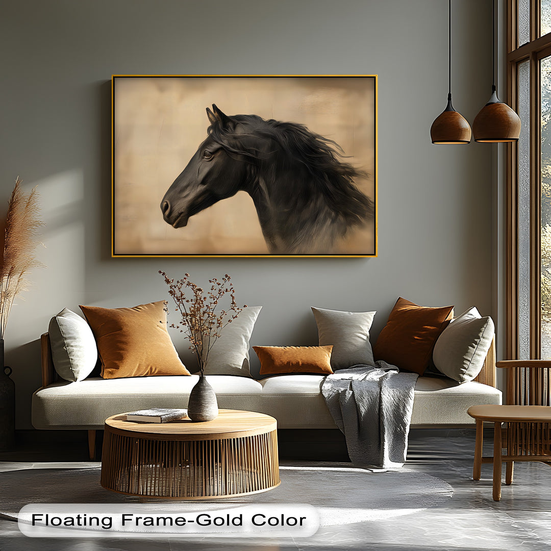 Silent Majesty – Black Horse Portrait on Warm Beige Canvas Print