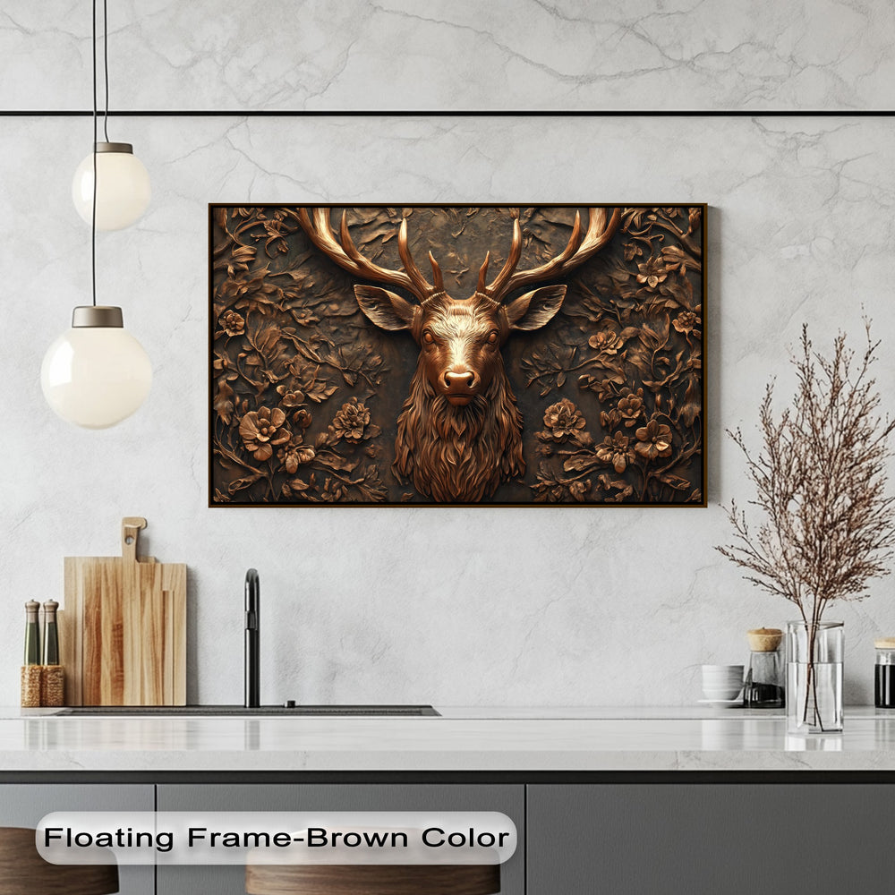 Warm color temperature defines this rustic bronze deer canvas print, highlighting the stag's relief and floral details for best canvas prints.