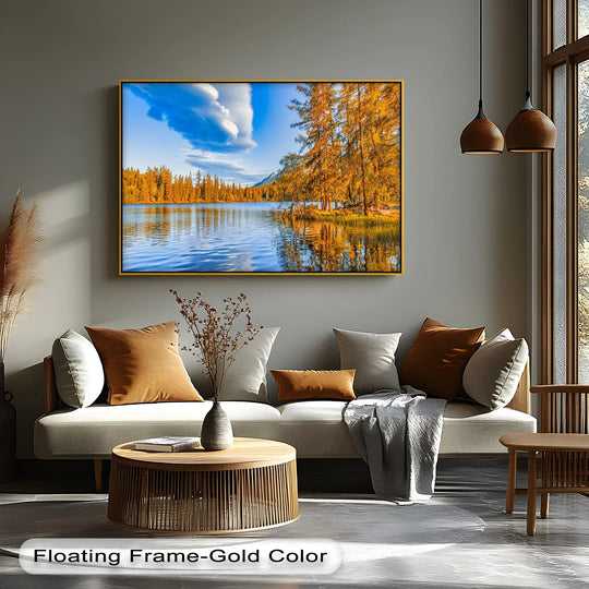 Square, landscape-orientation high quality canvas prints depict a golden pines autumn lakeside scene, reflecting vibrant fall colors in tranquil water.