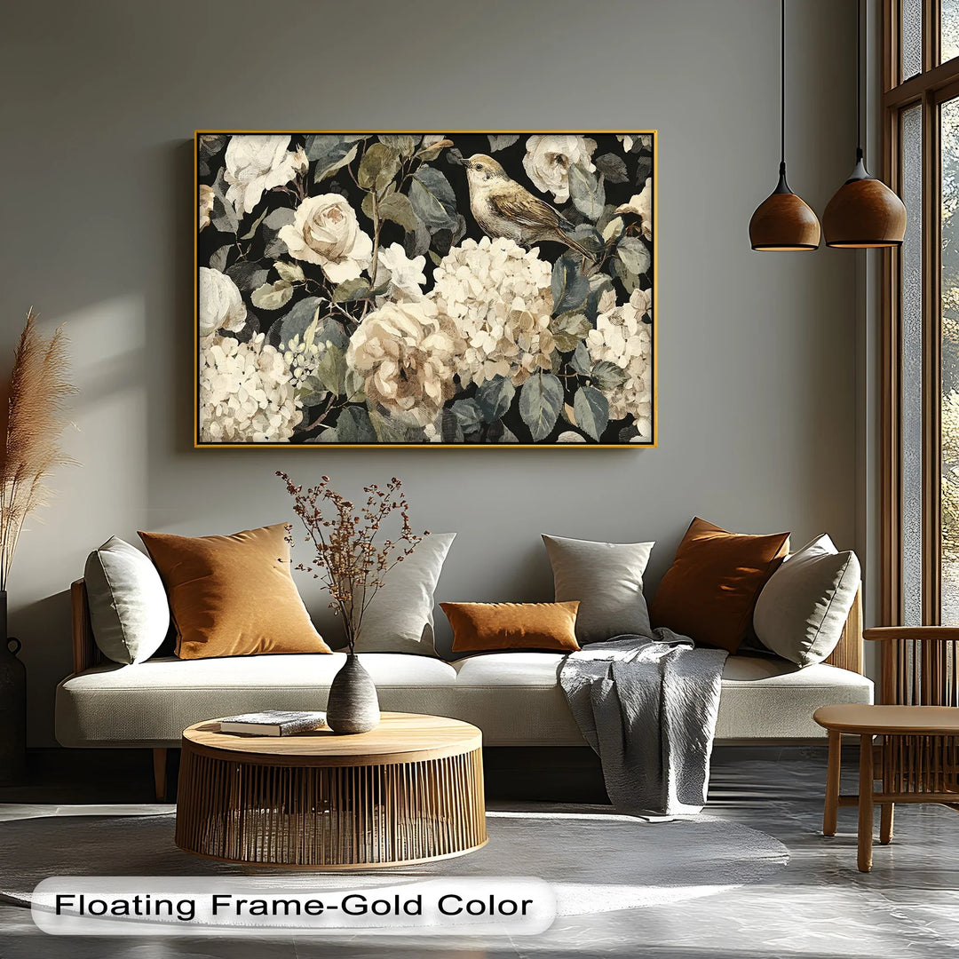 Vintage Garden Song – Bird and Cream Floral Canvas Print - MyPhotoStation