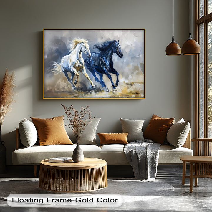 Celestial Gallop – Blue and White Abstract Horse Canvas Print