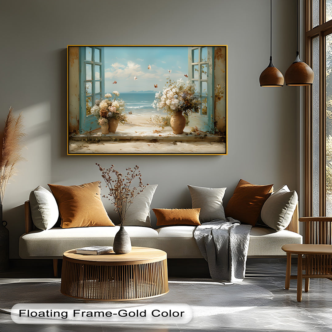 Seaside Breeze Through Blue Shutters – Coastal Floral Canvas Print