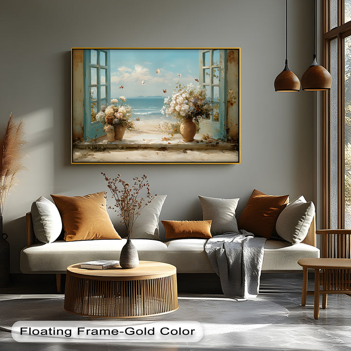 Seaside Breeze Through Blue Shutters – Coastal Floral Canvas Print