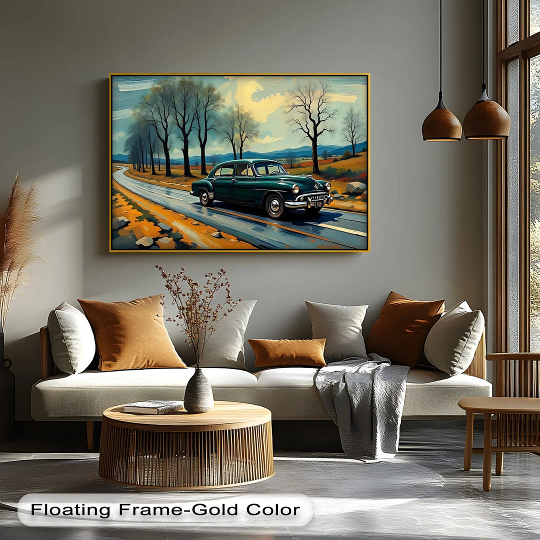 Teal Vintage Sedan on Winding Country Road – Car Canvas Print
