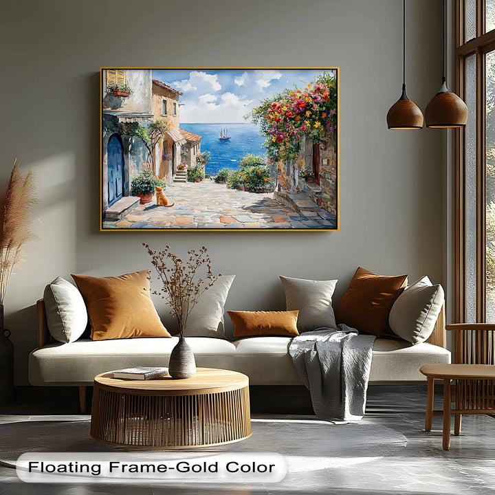 Mediterranean Daydream – Seaside Street with Cat Canvas Print - MyPhotoStation
