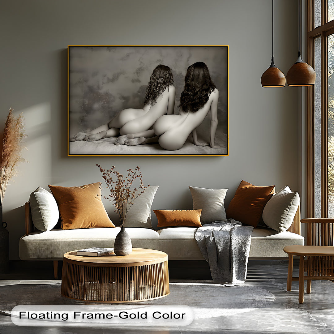 Sepia Reverie – Erotic Canvas Print with Two Nudes | Horizontal Wall Art