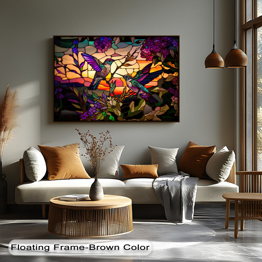 The vibrant, stained glass hummingbirds big canvas prints, featuring intricate purple florals and a radiant sunset backdrop, dominates the neutral wall.