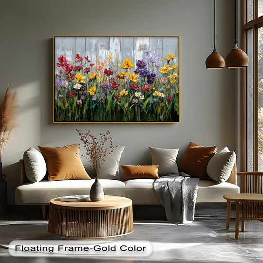 Negative space surrounds the vibrant floral display of this framed canvas, emphasizing the rustic fence backdrop of the Wild Garden Symphony canvas print.