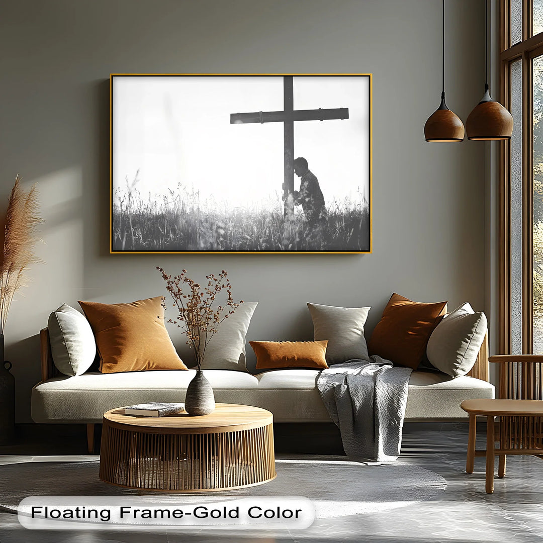 In Surrender – Black and White Prayer with Cross Canvas Print