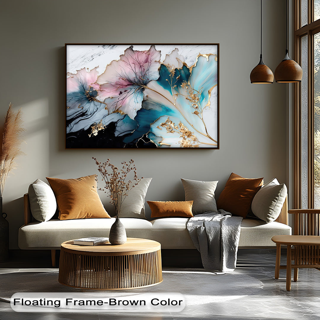 The exquisite material quality of this luxury abstract flower canvas art showcases vibrant pastel pink, teal, and gold hues with impeccable detail.