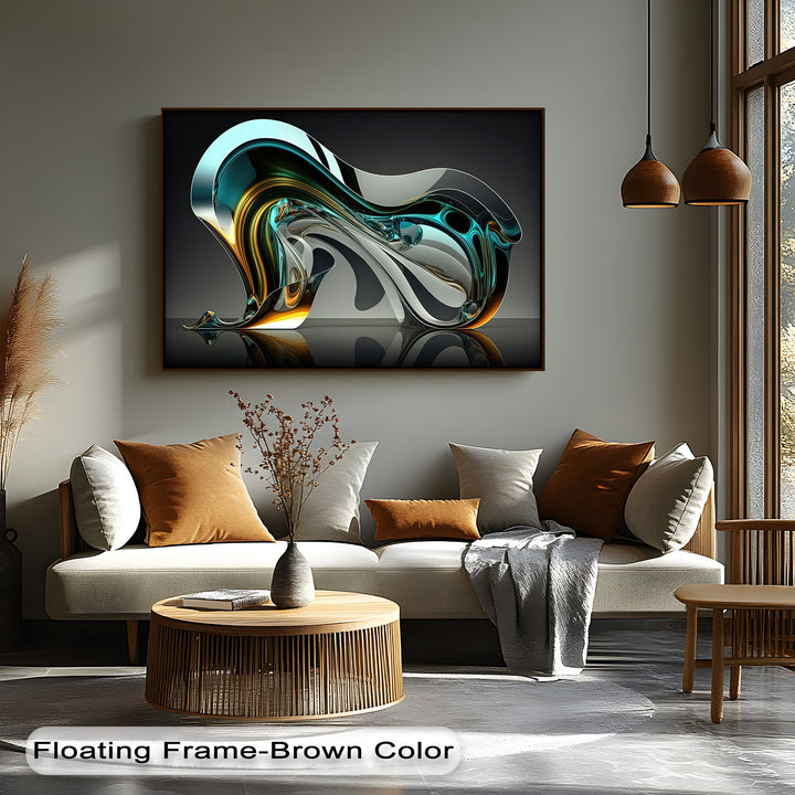 A plush gray throw blanket draped elegantly on a sofa adds a touch of comfort beneath the modern luxury abstract aqua glass flow canvas art.