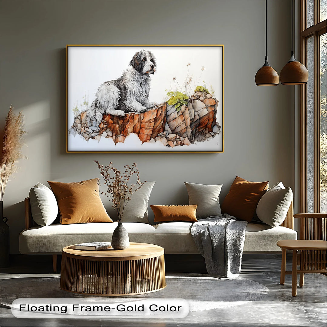 Cliffside Watch – Shaggy Dog on Rocky Ledge Pencil Art Canvas Print - MyPhotoStation