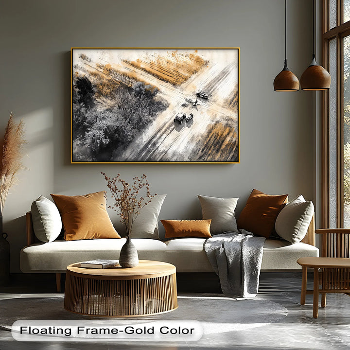 Aerial Tractor Scene in Ink & Ochre – Car Canvas Print