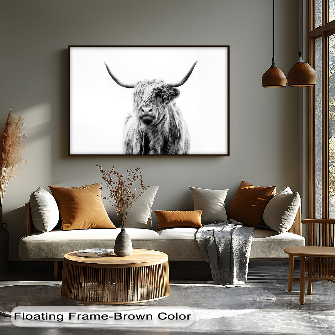 Luxurious shaggy fur, the softest detail of the regal Highland cow, is stunningly featured in a black and white high quality canvas prints.